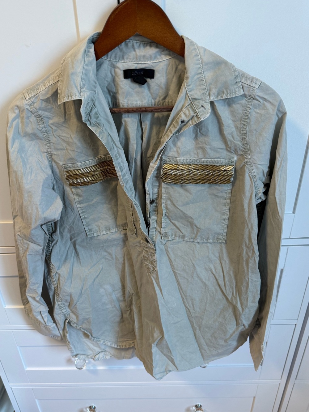 J. Crew Light Gray Utility Shirt with Gold Trim